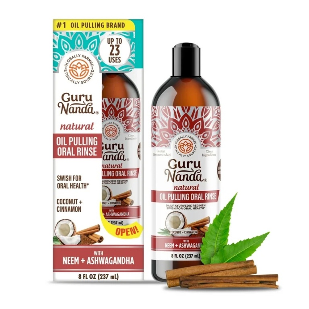 GuruNanda Coconut & Cinnamon + Neem & Ashwagandha Oil Pulling Oral Rinse NWT